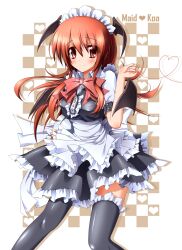  alternate_costume bad_id bad_pixiv_id bat_wings bow bowtie enmaided female head_wings heart highres koakuma long_hair looking_at_viewer maid maid_headdress midoriiro_no_shinzou red_eyes red_hair smile solo thighhighs touhou wings 