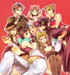  1boy 6+girls battle_tendency chains commentary_request diamond_wa_kudakenai dixie_cup_hat gakuran genderswap_(mtf) giorno_giovanna harem hat higashikata_josuke higashikata_josuke_(jojolion) johnny_joestar jojo_no_kimyou_na_bouken jojolion jonathan_joestar joseph_joestar joseph_joestar_(young) kujo_jolyne kujo_jotaro military_hat multiple_girls phantom_blood rule_63 school_uniform simple_background stardust_crusaders steel_ball_run stone_ocean straight tatsumi vento_aureo 