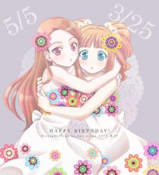  2girls ariga_nao bare_shoulders blue_eyes blush brown_eyes brown_hair commentary_request dress flower hairband hug idolmaster idolmaster_(classic) long_hair md5_mismatch minase_iori multiple_girls open_mouth short_hair takatsuki_yayoi twintails 