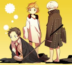  3boys adachi_tooru age_regression aged_down barefoot blonde_hair brown_hair commentary golf_club hanamura_yousuke headphones headphones_around_neck male_focus multiple_boys narukami_yuu necktie oversized_clothes persona persona_4 photoshop_(medium) saeuchobab school_uniform sleeves_past_wrists white_hair yellow_eyes 