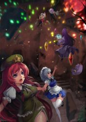  &gt;_&lt; 5girls apron barefoot black_legwear blonde_hair bloomers blue_eyes blue_hair book bow braid closed_eyes danmaku female flandre_scarlet hairbow hat hat_removed headwear_removed highres hong_meiling izayoi_sakuya laevatein long_hair magic_circle maid_headdress moon multiple_girls oerba_yun_fang open_mouth patchouli_knowledge purple_hair red_eyes red_hair red_moon remilia_scarlet running scarlet_devil_mansion short_hair side_ponytail star thighhighs touhou twin_braids underwear white_legwear wings zettai_ryouiki zqf 