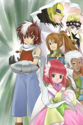  armor arria_ekberg bare_shoulders black_hair blonde_hair blue_eyes brown_eyes brown_hair caius_qualls forest_ledoyen green_eyes grey_hair lukius_bridges mask multicolored_hair pink_hair rubia_natwick scarf tales_of_(series) tales_of_the_tempest tilkis_barone 