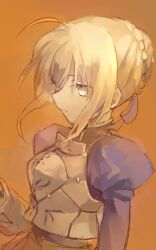  ahoge armor artoria_pendragon_(fate) bad_id bad_pixiv_id blonde_hair dress fate/stay_night fate_(series) female green_eyes hair_bun hair_ribbon muted_color ribbon saber_(fate) single_hair_bun solo soto 