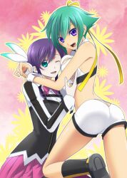  2girls aquarion_(series) aquarion_evol bad_id bad_pixiv_id bare_shoulders bow breasts cleavage cleavage_cutout clothing_cutout green_eyes green_hair hair_bun hair_ornament hair_ribbon hidari_ise midriff mikono_suzushiro multiple_girls purple_eyes purple_hair ribbon short_hair short_shorts shorts single_hair_bun skirt small_breasts thighhighs wrist_cuffs zessica_wong 