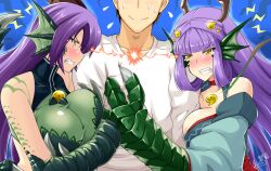  1boy 2girls animal_ears animal_hands antlers arm_hug artist_name bare_shoulders blush breasts brown_hair butter-t choker claws clenched_teeth commentary detached_sleeves dragon dragon_(monster_girl_encyclopedia) dragon_girl eastern_dragon english_commentary faceoff fins gem girl_sandwich hair_ornament head_fins horns hug huge_breasts japanese_clothes large_breasts lightning_glare long_hair magatama monster_girl monster_girl_encyclopedia multiple_girls photoshop_(medium) purple_hair rivalry ryuu_(monster_girl_encyclopedia) sandwiched scales shirt signature smile sweat tears teeth white_shirt yellow_eyes 