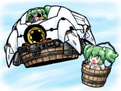  apsalus bad_id bad_pixiv_id blue_sky bucket cannon commentary_request crossover female flying green_eyes green_hair gundam gundam_08th_ms_team hair_bobbles hair_ornament in_bucket in_container japanese_clothes kimono kisume mayohi_neko mecha mechanization military military_vehicle open_mouth photoshop_(medium) red_eyes robot sd_gundam sky smile solo touhou twintails unconventional_vehicle wooden_bucket yukata 