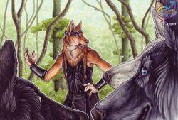  armor bloodhound_omega blue_eyes bracers canid canine canis conditional_dnp detailed_background flower forest furoticon garland group hair male mammal nature outside plant ponytail shrub tree tribes_of_tanglebrook wolf wood 