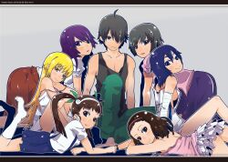  1boy 6+girls all_fours araragi_koyomi bad_id bad_pixiv_id bakemonogatari bandages basketball basketball_uniform breasts casual green_ribbons hachikuji_mayoi hair_ribbon hairband hanekawa_tsubasa harem jersey kanbaru_suruga letterboxed long_hair lying medium_breasts monogatari_(series) multiple_girls naoetsu_high_school_uniform nekomonogatari nisemonogatari oerba_yun_fang on_stomach oshino_shinobu photoshop_(medium) ribbon school_uniform sengoku_nadeko senjougahara_hitagi short_hair sideboob small_breasts smile socks sportswear straight tank_top twintails yadokugaeru 