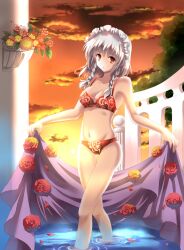  althea_(sakiya0000) bad_id bad_pixiv_id blanket bra braid cloud female floating flower grey_hair hair_ribbon highres izayoi_sakuya lingerie maid_headdress navel panties petals plant potted_plant red_bra red_eyes red_flower red_panties red_rose ribbon rose sky solo sunset touhou tree twilight twin_braids underwear underwear_only wading water 