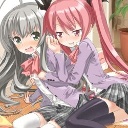  2girls ahoge black_thighhighs blush bow buntan checkered_clothes checkered_skirt commentary_request cthugha_(nyaruko-san) drooling grabbing grabbing_another&#039;s_breast green_eyes grey_hair hair_ribbon haiyore!_nyaruko-san huge_ahoge jacket long_hair multiple_girls nyarlathotep_(nyaruko-san) oerba_yun_fang open_clothes open_jacket open_mouth plant potted_plant red_eyes ribbon school_uniform shirt sitting skirt thighhighs twintails wavy_mouth white_legwear yuri zettai_ryouiki 