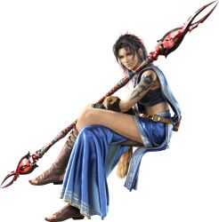  3d belt black_hair blue_eyes boots bracelet bracer cg cgi earrings female female final_fantasy final_fantasy_xiii fox_tail full_body highres jewelry legs_crossed muscle oerba_yun_fang official_art polearm sari short_hair sitting solo spear tail tattoo transparent_background weapon white_background 