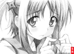  blush commentary_request female fidgeting fingers_together gofu greyscale hair_ornament index_fingers_together kore_wa_zombie_desu_ka? monochrome school_uniform short_hair shuriken solo spot_color traditional_media weapon yoshida_yuki_(korezom) 