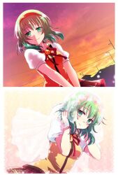  bad_id bad_pixiv_id blush bow cinderella_school_(vocaloid) dutch_angle female flower green_eyes green_hair gumi hairband kousetsu pleated_skirt school_uniform short_hair skirt sky smile solo sunset veil vocaloid 