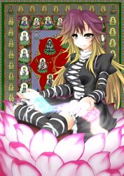  blonde_hair brown_hair buddha buddhism dress female flower gradient_hair highres hijiri_byakuren indian_style long_hair lotus lotus_pedestal mandala multicolored_hair on_flower purple_hair scroll sitting smile solo sorcerer&#039;s_sutra_scroll sudou_noboru touhou yellow_eyes 