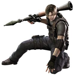  3d blonde_hair capcom highres human leon_s_kennedy male male_focus official_art resident_evil resident_evil_4 rocket_launcher weapon 