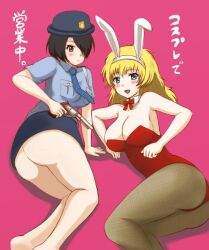  2girls akihisa201 animal_ears ass bad_id bad_pixiv_id barefoot black_hair blonde_hair blue_eyes blush breasts brown_eyes cleavage female_service_cap fishnet_pantyhose fishnets frown gun hair_over_one_eye handgun hat kobayashimaru_shouko large_breasts miniskirt miniskirt_pirates multiple_girls no_panties pantyhose pencil_skirt playboy_bunny police police_uniform policewoman rabbit_ears sasha_staple skirt translation_request uniform weapon 