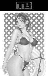  alternate_costume artist_name bikini breasts cleavage clothes_writing covered_nipples cowboy_shot female from_side greyscale groin hair_ornament highleg highleg_bikini highleg_swimsuit holding innertube large_breasts lips looking_back looking_to_the_side monochrome navel original parted_lips polka_dot polka_dot_background rope satsuki_(tsukasa_jun) short_hair sideboob solo standing string_bikini swim_ring swimsuit tsukasa_jun 