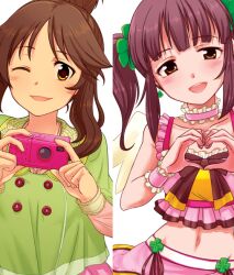  2girls :d ;d blush brown_hair camera choker commentary_request earrings head_tilt heart heart_hands idolmaster idolmaster_cinderella_girls jewelry looking_at_viewer multiple_girls navel ogata_chieri one_eye_closed open_mouth purple_hair rison sidelocks smile takamori_aiko tareme twintails wrist_cuffs yellow_eyes 