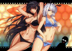  1boy 2girls antennae armpits arms_up bad_id bad_pixiv_id bikini black_hair blue_eyes breasts brown_eyes cleavage contrapposto covered_nipples dark_skin drooling frills glasses hairband honeycomb_(pattern) honeycomb_background large_breasts lips long_hair multiple_girls open_mouth original photoshop_(medium) ruffling_hair ryuuzaki_ichi saliva short_hair side-tie_bikini_bottom silhouette smile standing swimsuit toned white_hair 