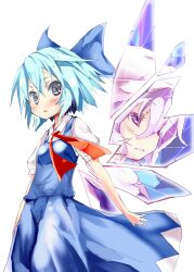  2girls blue_eyes blue_hair blush bow cirno commentary_request hairbow hat kuroneko_no_toorimichi letty_whiterock light_purple_hair multiple_girls short_hair touhou wings 