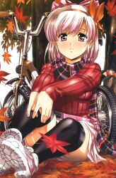  autumn autumn_leaves bad_link bicycle black_thighhighs fanny_pack fashion female hairband highres original parted_lips pink_eyes pink_hair scarf shoes short_hair sitting solo sweater thighhighs tree urushihara_satoshi 