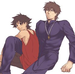  2boys aged_down bad_id black_eyes black_hair brown_eyes brown_hair cross cross_necklace emiya_kiritsugu fate/zero fate_(series) jewelry kotomine_kirei lolicon male_focus multiple_boys necklace tank_top time_paradox white_background zihad 