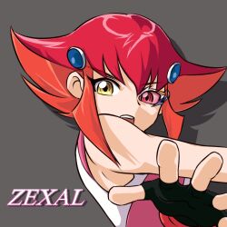  artist_request female fingerless_gloves gloves hair_ornament heterochromia kouzuki_anna multicolored_hair red_eyes short_hair tinted_eyewear two-tone_hair yellow_eyes yu-gi-oh! yu-gi-oh!_zexal 