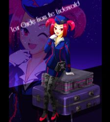  bad_id bad_pixiv_id bag commentary_request duel_monster female gloves handbag hat high_heels md5_mismatch nanano_thunder pantyhose photoshop_(medium) print_pantyhose red_eyes red_hair rolling_suitcase shoes skirt skull skull_print solo suitcase tour_guide_from_the_underworld yu-gi-oh! 