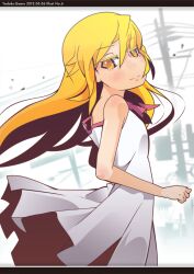  bad_id bad_pixiv_id bare_shoulders blonde_hair dress female long_hair monogatari_(series) nisemonogatari oshino_shinobu photoshop_(medium) solo yadokugaeru yellow_eyes 