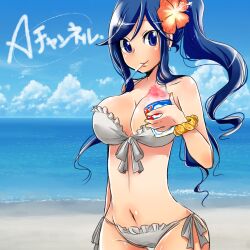  a_channel bad_id bad_pixiv_id beach bikini blue_eyes day female flower food hibiscus long_hair nishi_yuuko ponytail shaved_ice swimsuit yawaragi 