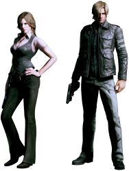  1boy absurdres blonde_hair capcom female gun helena_harper highres jacket leon_s_kennedy male official_art resident_evil resident_evil_6 weapon 