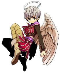  1boy angel angel_wings bad_id bad_pixiv_id boots brown_eyes dragon_quest dragon_quest_ix halo hero_(dq9) male_focus solo white_hair wings zakki 