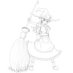  apron bow braid broom buttons commentary_request female greyscale hair_ribbon hairbow hand_on_own_hip hat highres irigoma_(jikabi_baisen) kirisame_marisa line_art long_hair mary_janes monochrome oerba_yun_fang ribbon shoes smile socks solo touhou witch_hat 