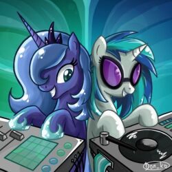  1:1 blue_hair crown cutie_mark eyewear friendship_is_magic hair hasbro headgear horn low_res my_little_pony princess_luna_(mlp) record royalty sunglasses vinyl_scratch_(mlp) 