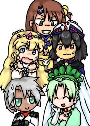  black_hair blonde_hair brown_eyes brown_hair cape chloe_valens choker closed_eyes flower frills green_eyes green_hair grey_hair grune_(tales) grune_(tales_of_legendia) hair_ornament hat jewelry necklace norma_beatty open_mouth senel_coolidge shirley_fennes tales_of_(series) tales_of_legendia tattoo 