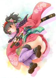  ass black_hair blush comb commentary_request female floral_print flower hair_flower hair_ornament japanese_clothes katana kimono michii_yuuki momohime no_panties oboro_muramasa pink_kimono purple_thighhighs sheath short_kimono solo sword thighhighs unsheathing weapon yellow_eyes 