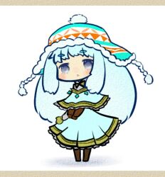  blue_eyes blue_hair blush chibi commentary_request eyebrows female hat homurabi rune_master_(sekaiju) rune_master_2_(sekaiju) sekaiju_no_meikyuu sekaiju_no_meikyuu_4 simple_background skirt standing 