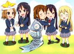  5girls akiyama_mio black_eyes black_hair blonde_hair blush_stickers brown_eyes brown_hair chibi closed_eyes commentary_request diesel-turbo food hat hirasawa_yui k-on! kashiwa_mochi_(food) kodomo_no_hi koinobori kotobuki_tsumugi leaf long_hair mochi multiple_girls nakano_azusa oak_leaf origami paper_hat paper_kabuto sakuragaoka_high_school_uniform school_uniform short_hair tainaka_ritsu twintails wagashi windsock 