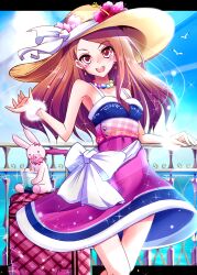  bare_shoulders bird blush bow bracelet brown_eyes brown_hair commentary_request cup day dress earrings female flower hat idolmaster idolmaster_(classic) jewelry long_hair minase_iori natsu_(anta_tte_hitoha) open_mouth sky smile solo stuffed_animal stuffed_rabbit stuffed_toy usa-chan_(idolmaster) 