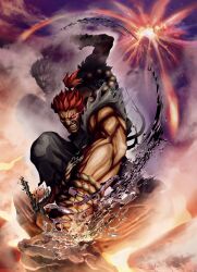  absurdres arm_wrap bared_teeth beads capcom dark_skin glowing glowing_eye gouki highres muscle official_art pointed_teeth prayer_beads red_eyes red_hair rope sharp_teeth spiked_hair street_fighter street_fighter_x_tekken topknot volcano 