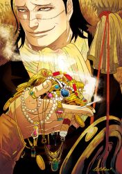  1boy ascot biliken black_hair cigar coat coin commentary_request crocodile_(one_piece) formal fur_coat gold grin hook_hand jewelry looking_away male_focus necklace one_piece ring scar smile smoking solo suit treasure yellow_eyes 