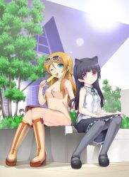  2girls animal_ears black_hair breasts clothes_removed gokou_ruri green_eyes knee_boots kousaka_kirino nude nude_filter orange_hair ore_no_imouto_ga_konna_ni_kawaii_wake_ga_nai photoshop_noob pink_eyes popsicle public_nudity shoes skirt smile sunglasses sungless_on_head tagme zenra 