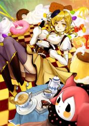  beret blonde_hair blurry boots breasts cake candy charlotte_(madoka_magica) checkered_floor cherry commentary_request corset cup depth_of_field doughnut drill_hair female fingerless_gloves food fruit gloves hair_ornament hat highres icing large_breasts magical_girl mahou_shoujo_madoka_magica mahou_shoujo_madoka_magica_(anime) pleated_skirt pudding rebecca_7478 shirt skirt smile strawberry striped_clothes striped_thighhighs taut_clothes taut_shirt tea teacup teapot thighhighs tomoe_mami tomoe_mami_(magical_girl) vertical-striped_clothes vertical-striped_thighhighs yellow_eyes 