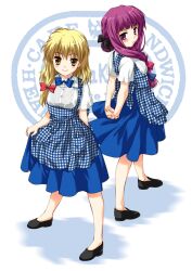  2girls alternate_costume apron arm_behind_back arms_behind_back black_bow black_footwear blonde_hair blue_apron blue_bow blue_bowtie blue_skirt blush bow bowtie closed_mouth commentary_request from_above full_body gingham gingham_apron hair_bun hairbow hand_on_hand high-waist_skirt kirisame_marisa kobeya_uniform legs_apart long_hair looking_back medium_skirt multiple_girls no_legwear own_hands_together patchouli_knowledge pink_bow pleated_shirt purple_eyes purple_hair ribbon sato-pon shadow shirt shoes short_sleeves single_hair_bun skirt smile standing touhou uniform waitress white_background white_shirt yellow_eyes 