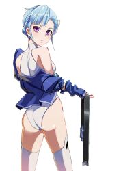  ass bad_id bad_pixiv_id bare_shoulders belt blue_hair braid cowboy_shot female fin_e_ld_si_laffinty flower french_braid from_behind hair_flower hair_ornament halterneck highleg highleg_leotard holding is_ii jacket leotard long_sleeves looking_at_viewer looking_back mall_link_suit off_shoulder open_clothes open_jacket parted_lips photoshop_(medium) purple_eyes rinne_no_lagrange short_hair sidelocks simple_background sleeves_past_wrists solo thighhighs turtleneck undressing unworn_belt white_background white_thighhighs 