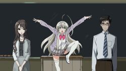  1boy 2girls ahoge another black_hair bow chalkboard commentary_request crane_stance crossover dress_shirt glasses green_eyes grey_hair haiyore!_nyaruko-san highres kubodera_shouji long_hair mikami_(another) multiple_girls necktie nyarlathotep_(nyaruko-san) open_mouth outstretched_arms school_uniform shirt skirt standing standing_on_one_leg takahiro_(rikky) thighhighs white_legwear 