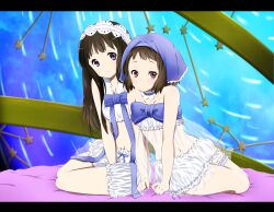  2girls absurdres bad_id bad_pixiv_id bed bed_sheet black_hair bloomers blush bow brown_eyes brown_hair chitanda_eru hairband head_scarf headdress highres hyouka ibara_mayaka letterboxed long_hair madoromi_no_yakusoku midriff multiple_girls navel purple_eyes ragho_no_erika short_hair sitting sleepwear underwear 