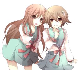  2girls asahina_mikuru bad_id bad_pixiv_id blue_sailor_collar blue_skirt brown_eyes brown_hair kita_high_school_uniform long_hair multiple_girls photoshop_(medium) sailor_collar school_uniform serafuku short_hair skirt suzumiya_haruhi_no_yuuutsu toono_(10no_ma) watahashi_yasumi winter_uniform 