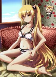  akita_neru althea_(sakiya0000) barefoot blonde_hair blush bow bow_panties bra breasts character_doll cleavage collarbone commentary_request curtains female floral_print indoors kagamine_len lingerie long_hair long_legs medium_breasts navel panties photoshop_(medium) pillow print_bra print_panties side_ponytail sitting solo underwear underwear_only very_long_hair vocaloid white_bra window yellow_eyes yokozuwari 