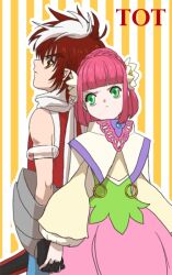  1boy bare_shoulders brown_eyes caius_qualls dress female flower green_eyes lazy_rabbit multicolored_hair pink_hair rubia_natwick scarf tales_of_(series) tales_of_the_tempest 